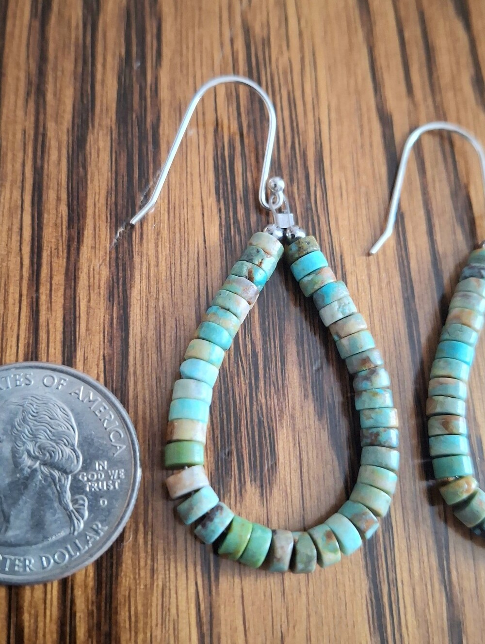 Heishi Nevada Green Turquoise Hoop Earrings Sterling Silver Handmade - Picture 4 of 4